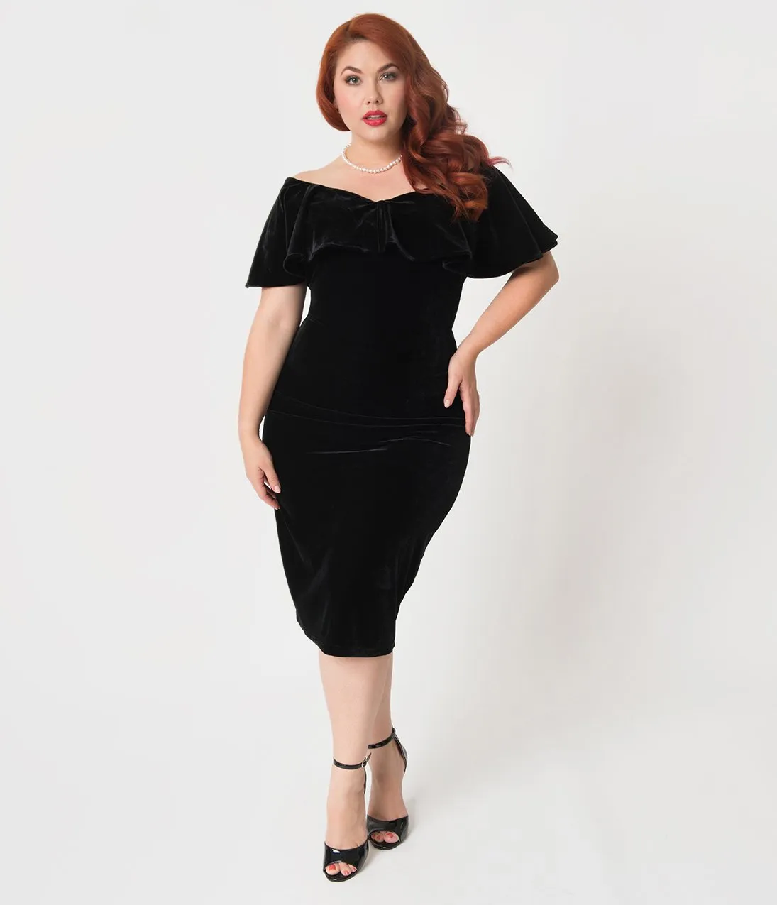 Unique Vintage Plus Size Black Velvet Draped Off Shoulder Sophia Wiggle Dress