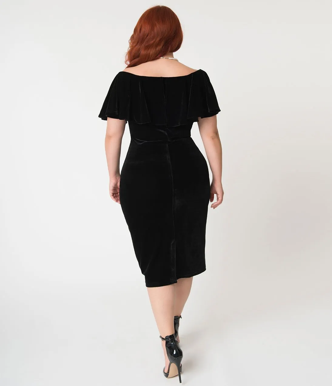 Unique Vintage Plus Size Black Velvet Draped Off Shoulder Sophia Wiggle Dress