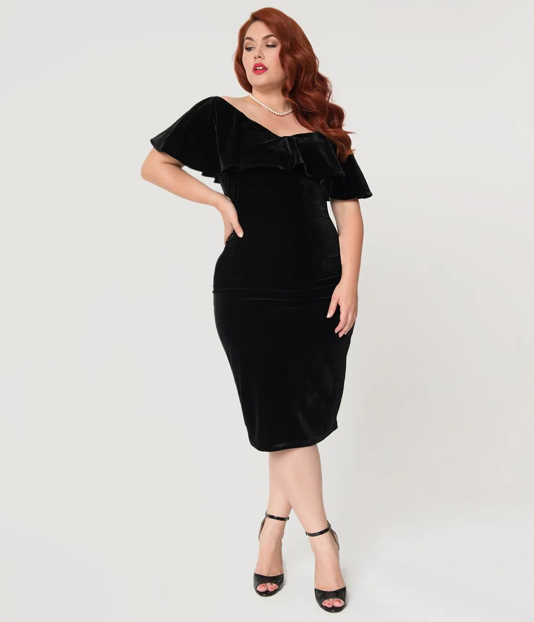 Unique Vintage Plus Size Black Velvet Draped Off Shoulder Sophia Wiggle Dress