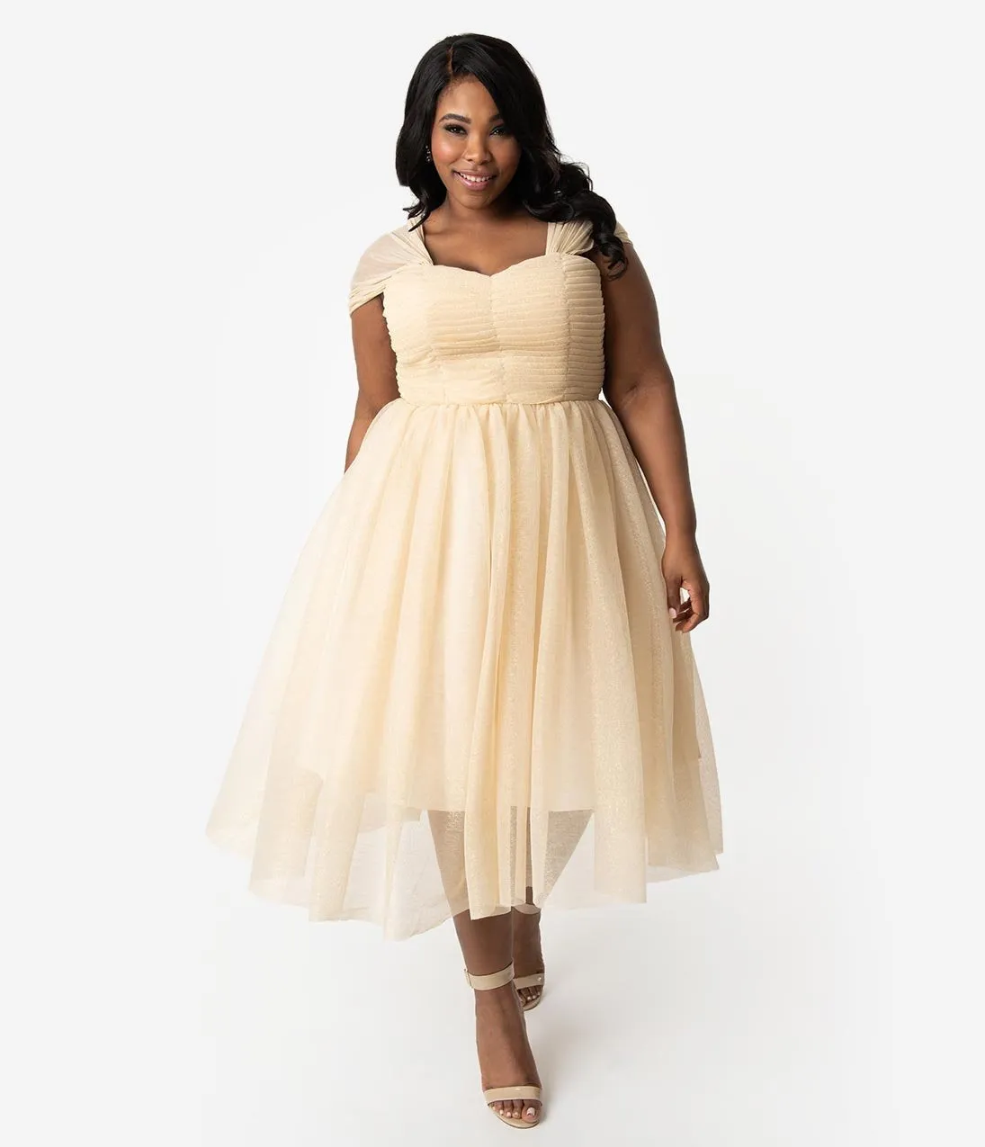 Unique Vintage Plus Size Champagne & Gold Glitter Garden State Mesh Cocktail Dress