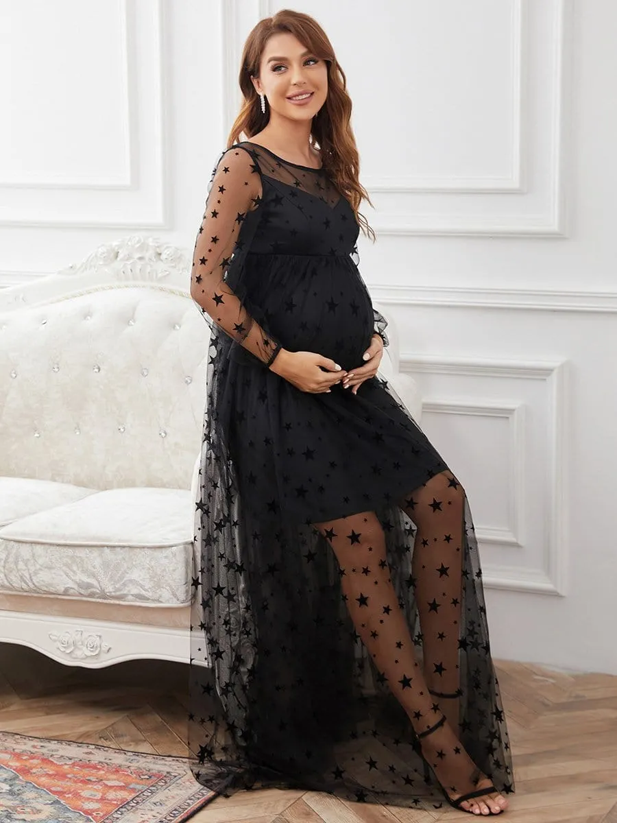 V-Neck Tulle Double Skirt Floor-Length Maternity Dress