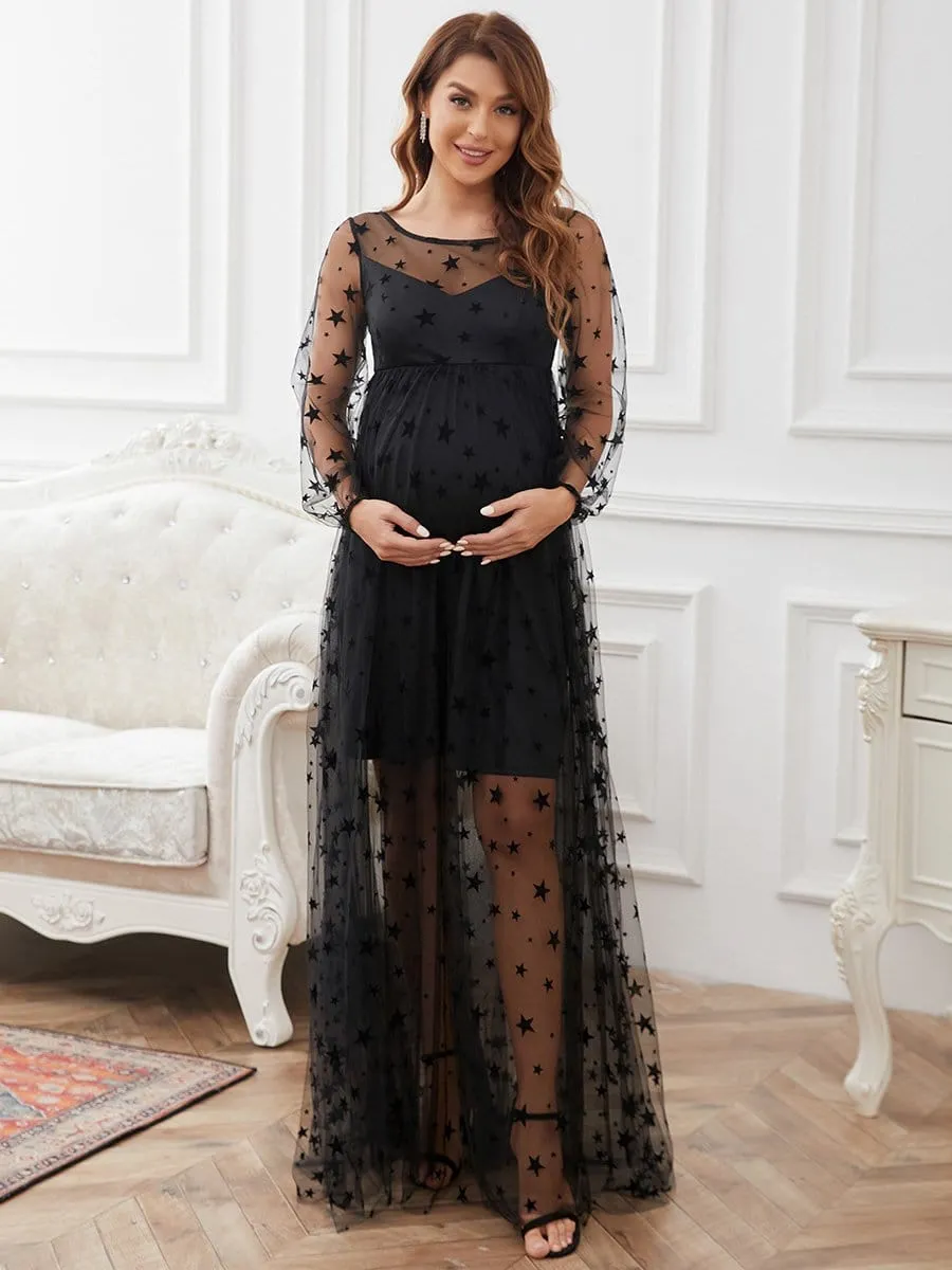 V-Neck Tulle Double Skirt Floor-Length Maternity Dress