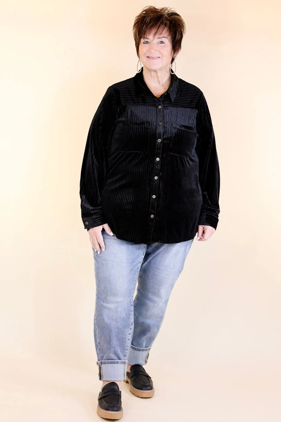 Velvet Feels Striped Velvet Button up Top In Black