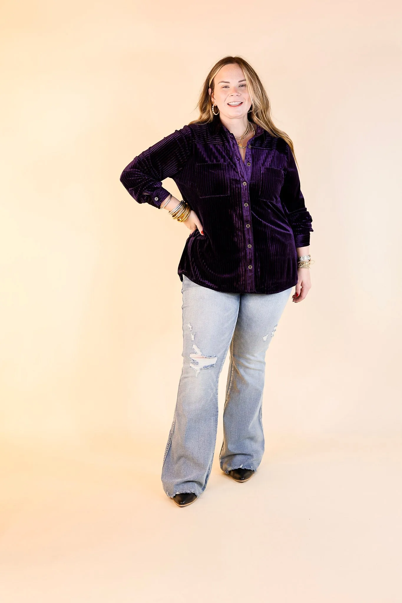 Velvet Feels Striped Velvet Button up Top in Eggplant Purple