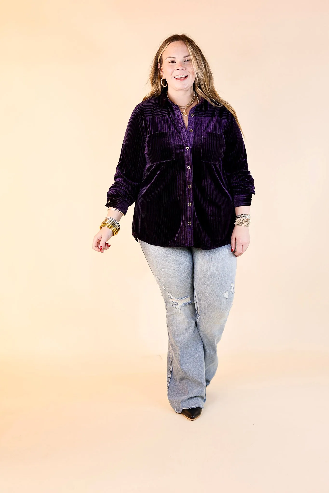 Velvet Feels Striped Velvet Button up Top in Eggplant Purple