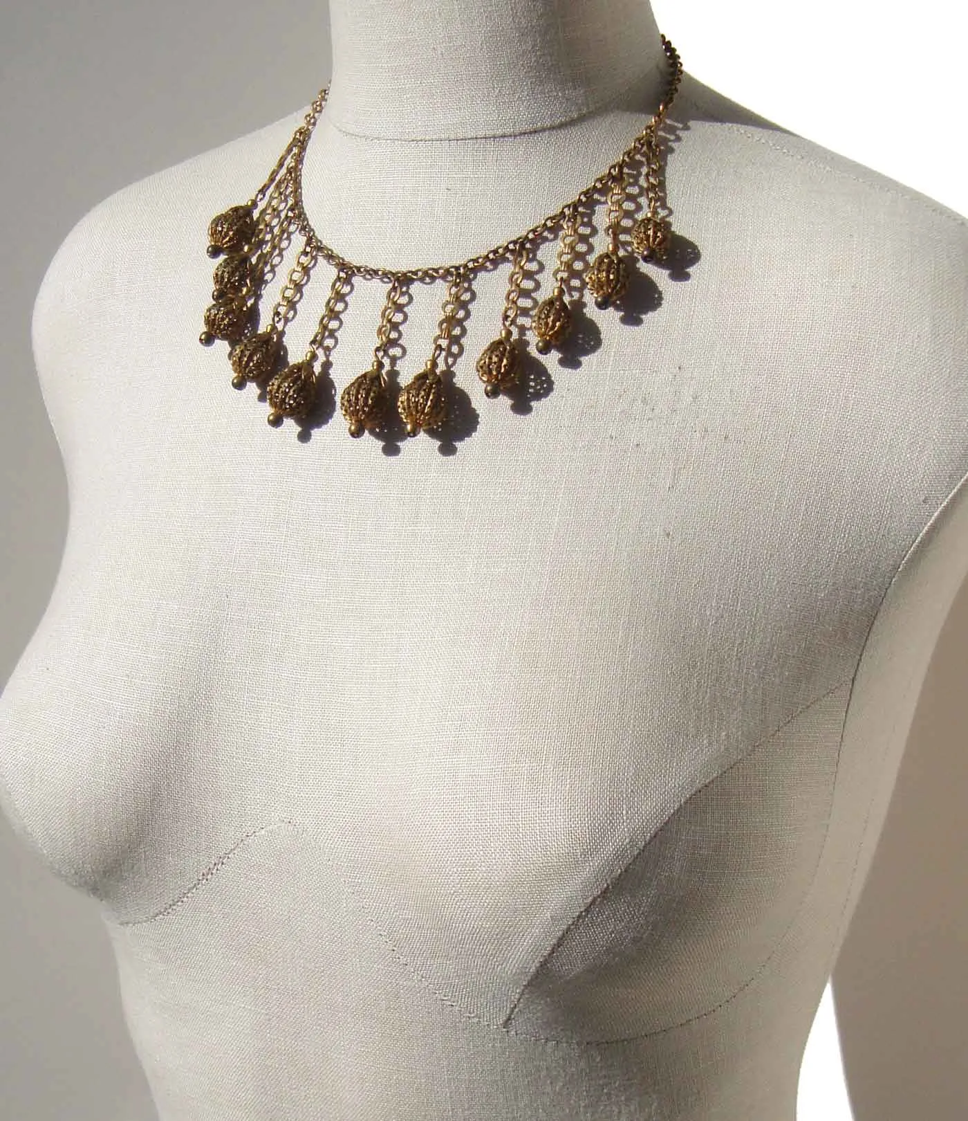 Vintage 30s Necklace Brass Fringe Drops Egyptian Revival Bohemian Art Deco