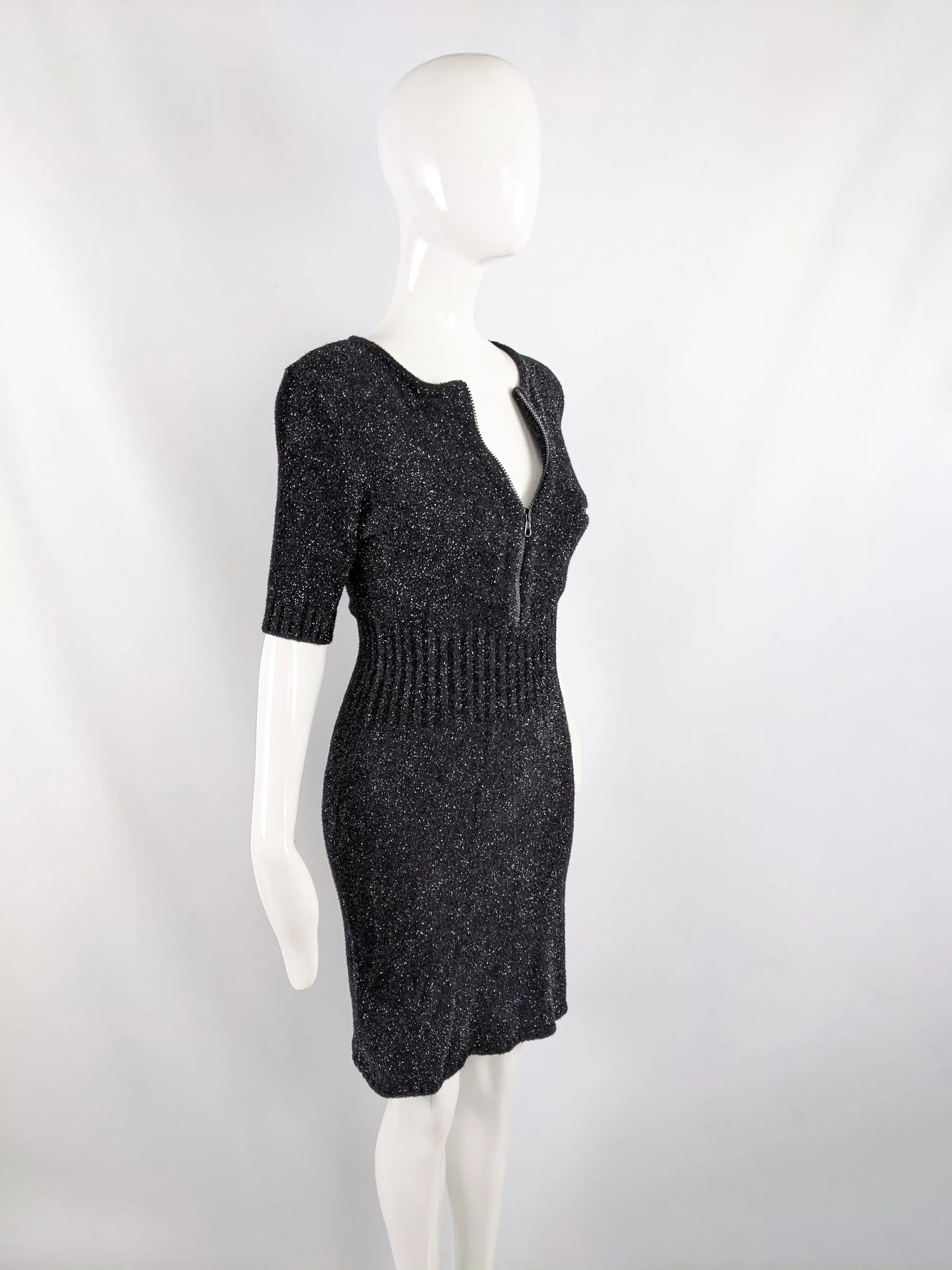 Vintage Black & Silver Metallic Fuzzy Knit Dress, 1990s