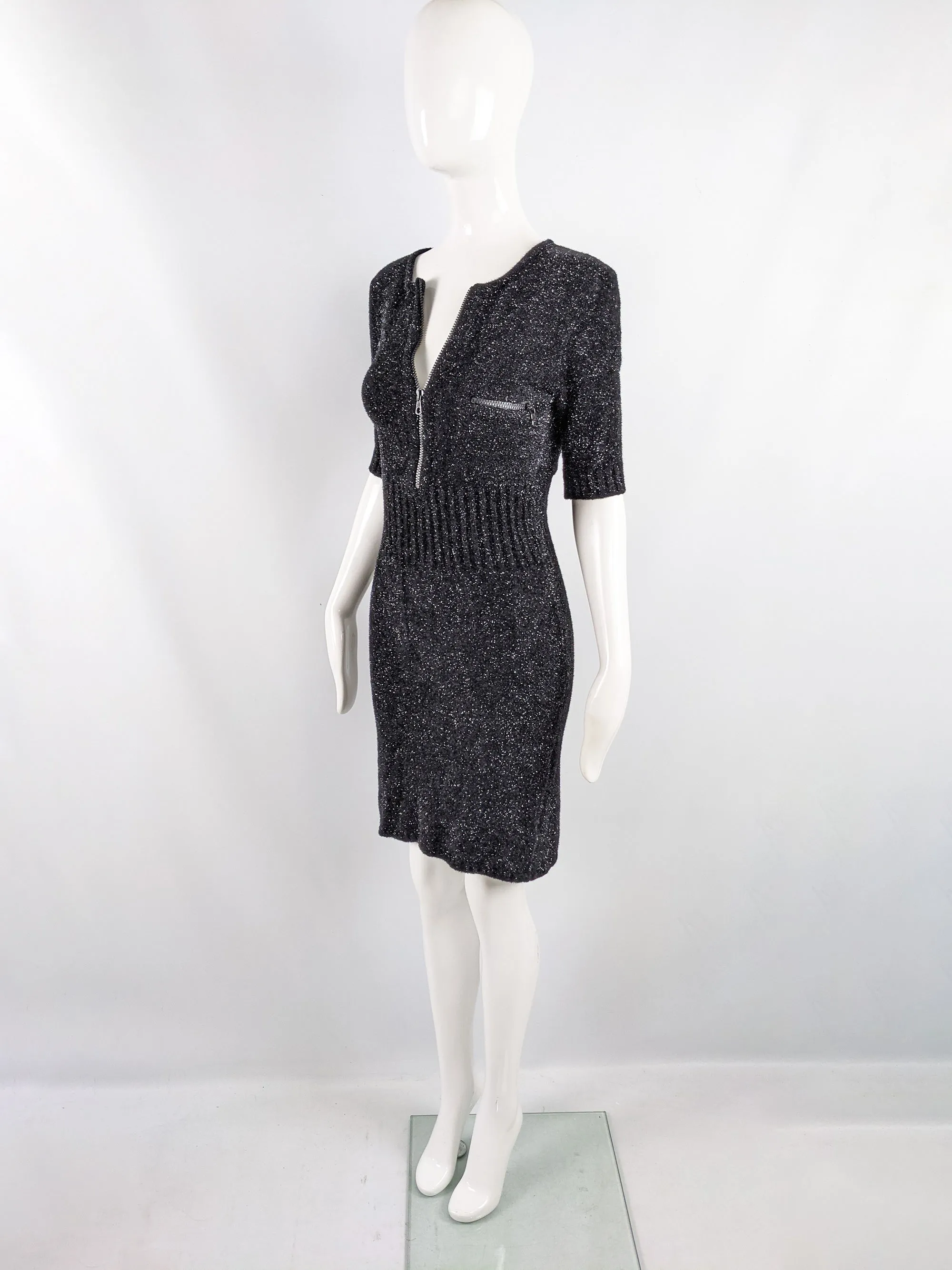 Vintage Black & Silver Metallic Fuzzy Knit Dress, 1990s