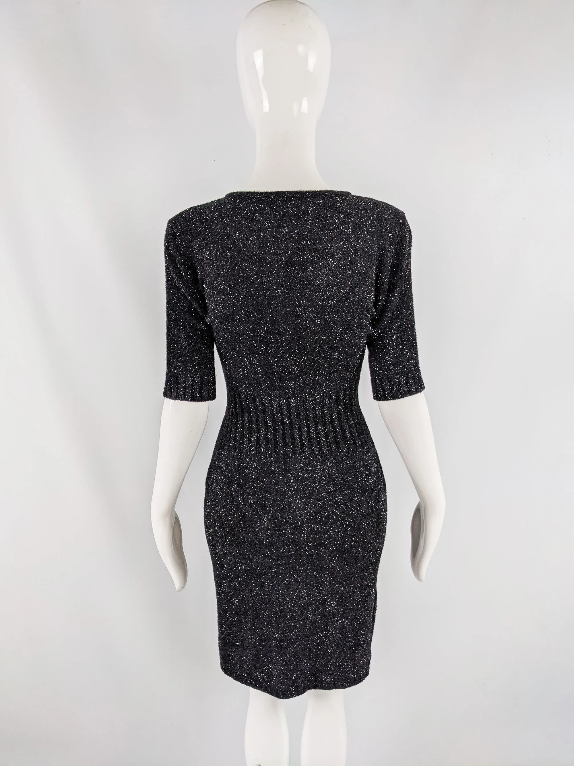 Vintage Black & Silver Metallic Fuzzy Knit Dress, 1990s