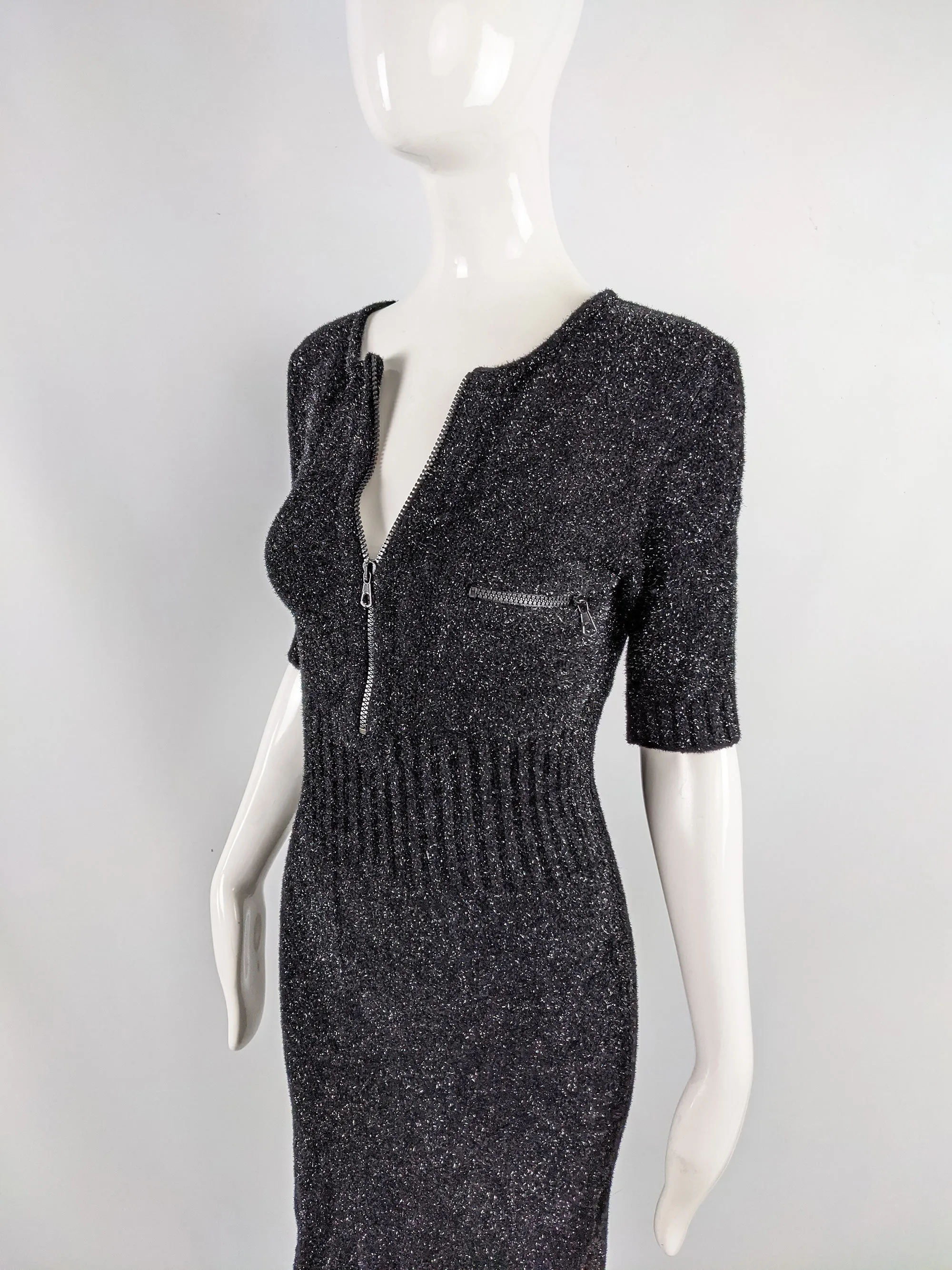 Vintage Black & Silver Metallic Fuzzy Knit Dress, 1990s