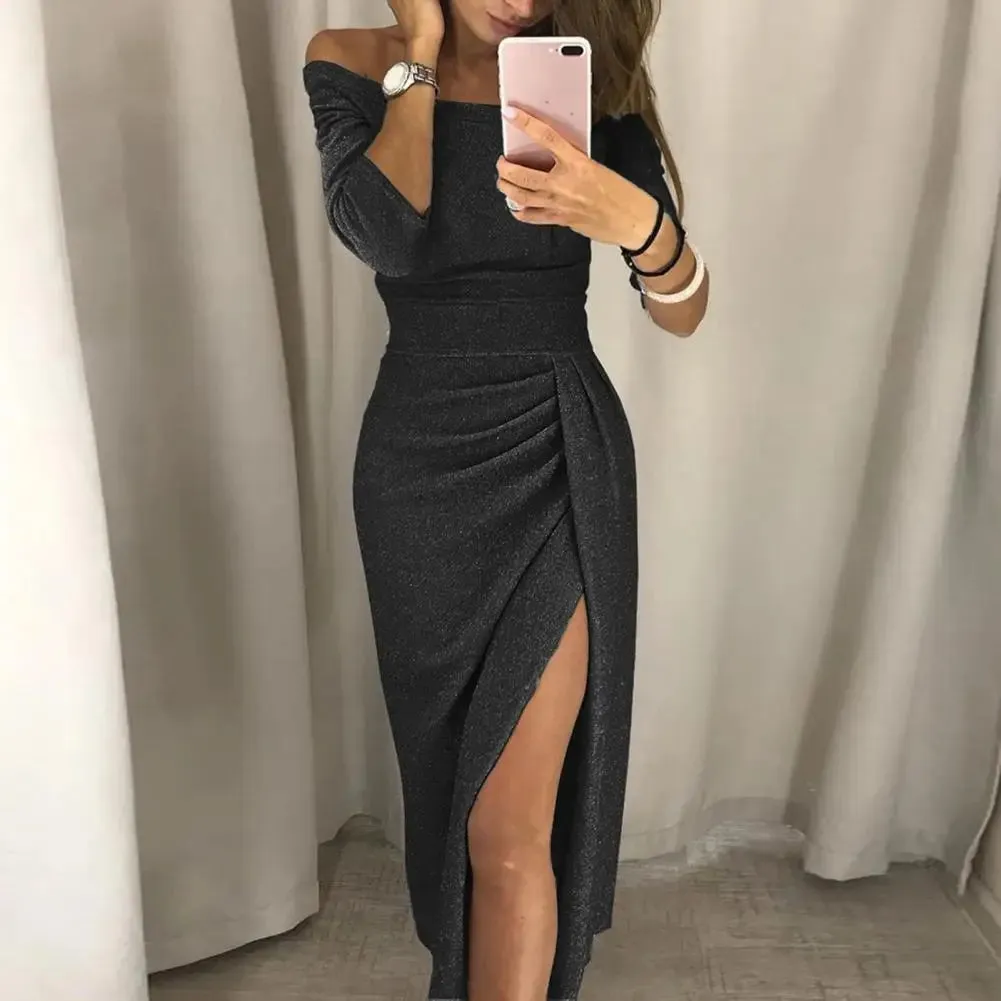 Vintage Bling Sexy Dresses Women Formal Dress Shiny Bright Surface Off Shoulder Pleated Lady Split Bodycon Dress Evening Dress