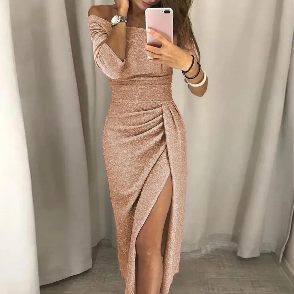 Vintage Bling Sexy Dresses Women Formal Dress Shiny Bright Surface Off Shoulder Pleated Lady Split Bodycon Dress Evening Dress