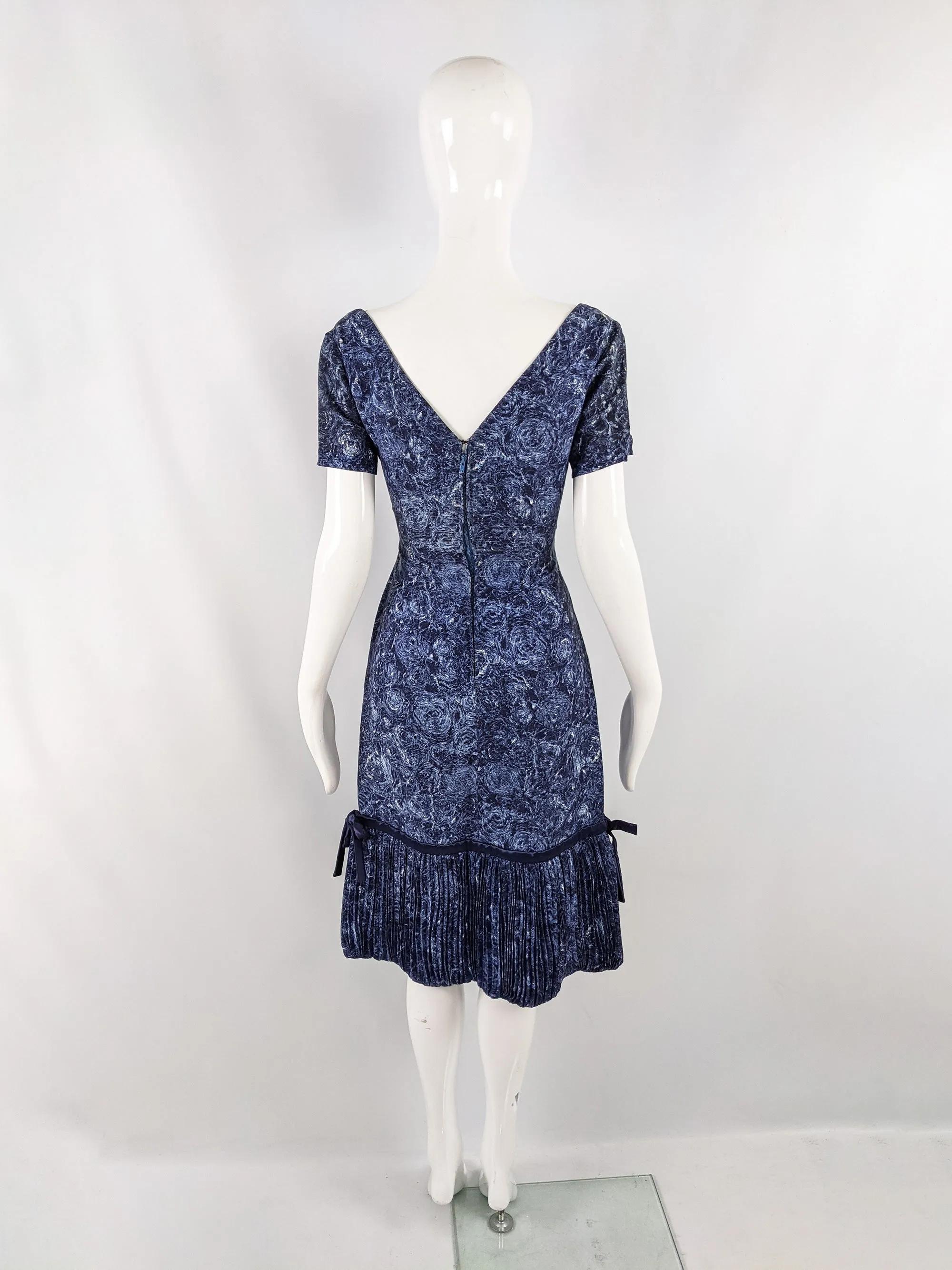 Vintage Blue Floral Wool Dress with Pleated Bubble Hem, 1950s