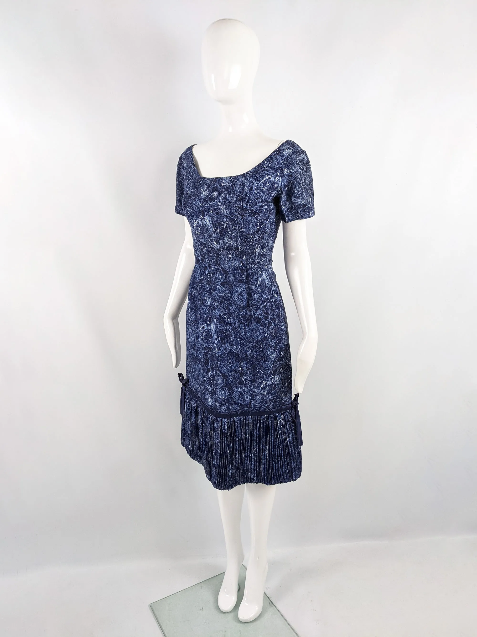 Vintage Blue Floral Wool Dress with Pleated Bubble Hem, 1950s