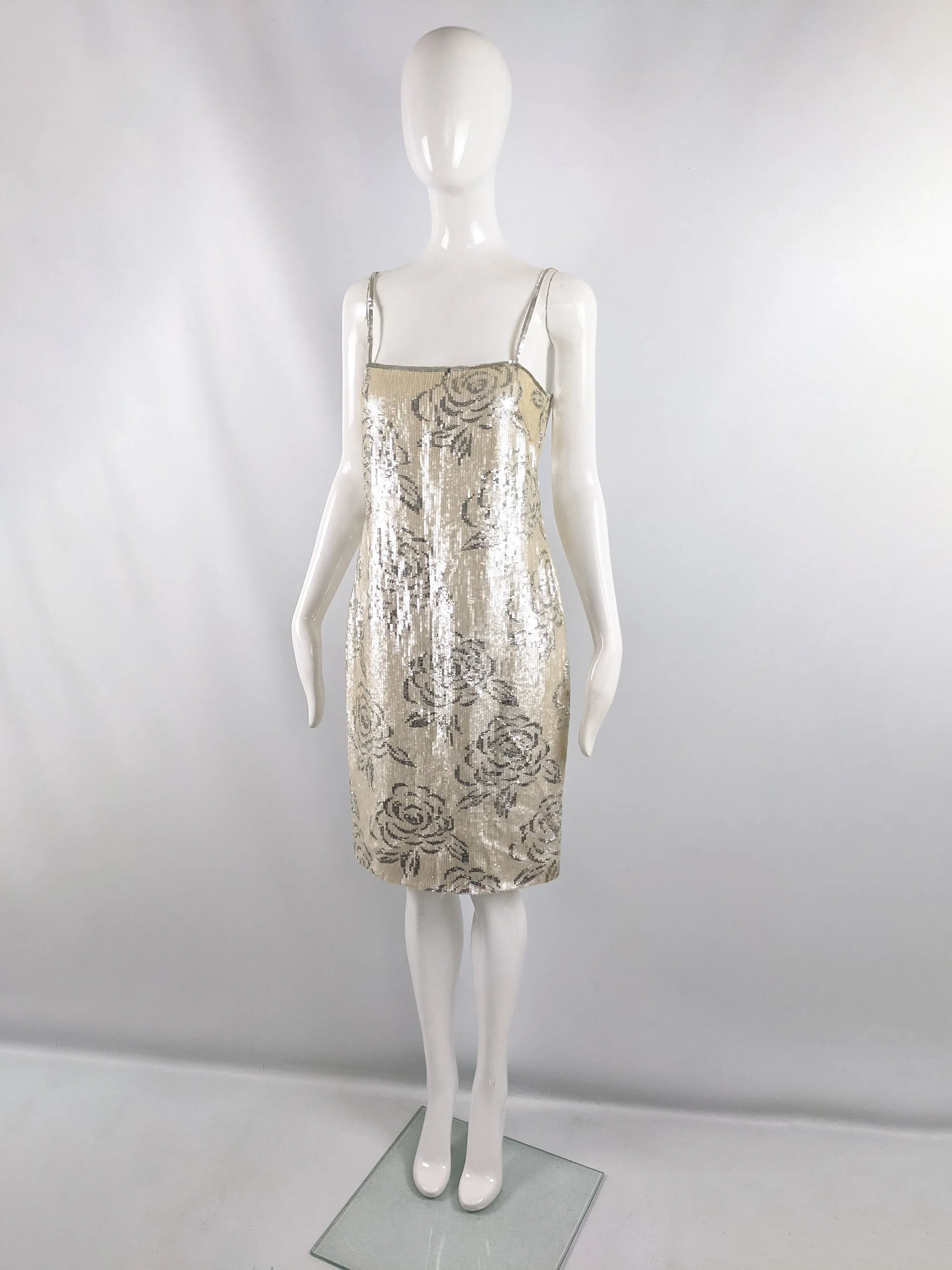 Vintage Floral Flapper Style Sequin Party Dress, 1980s