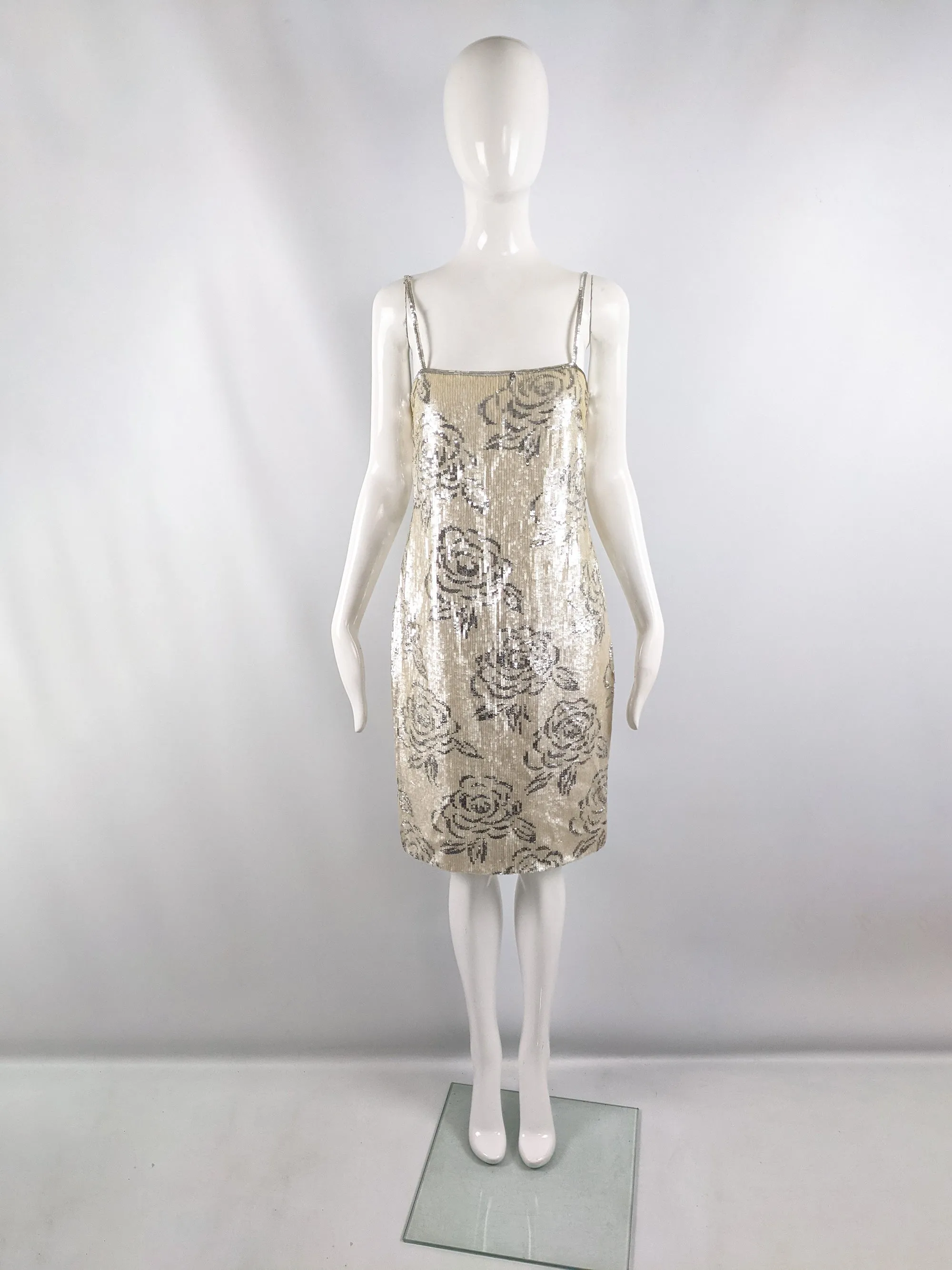 Vintage Floral Flapper Style Sequin Party Dress, 1980s