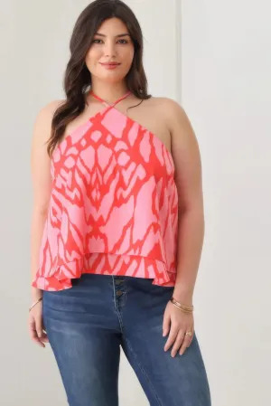 Voluptuous ( ) Abstract Print Ruffle Hem Plus Size Halter Top