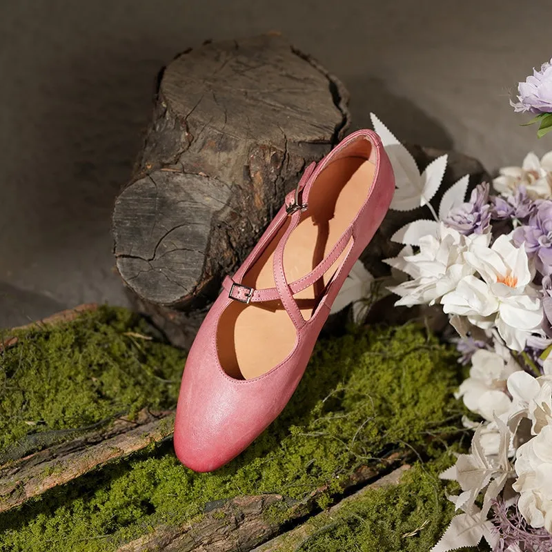 Washed Horse Leather Mary Jane Flats With Cross-strap Detail in Pink/Red/Black