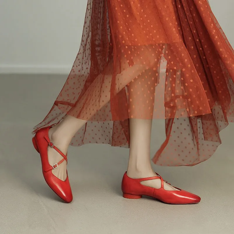 Washed Horse Leather Mary Jane Flats With Cross-strap Detail in Pink/Red/Black