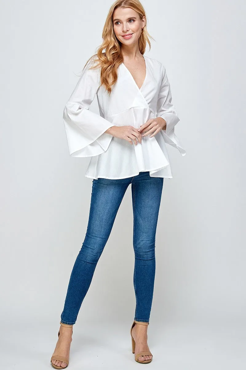 White Woven Peplum Long Sleeve Top