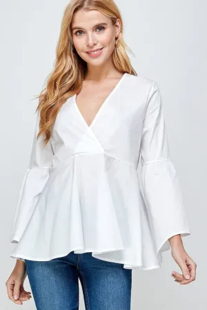 White Woven Peplum Long Sleeve Top