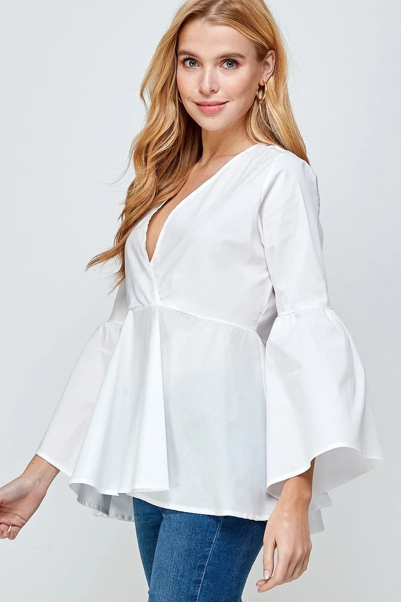 White Woven Peplum Long Sleeve Top