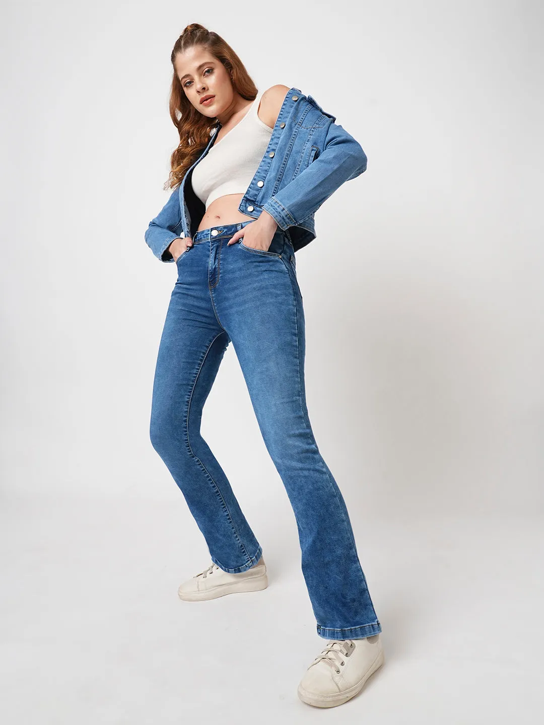 Women Blue High-Rise Mini Flare Jeans