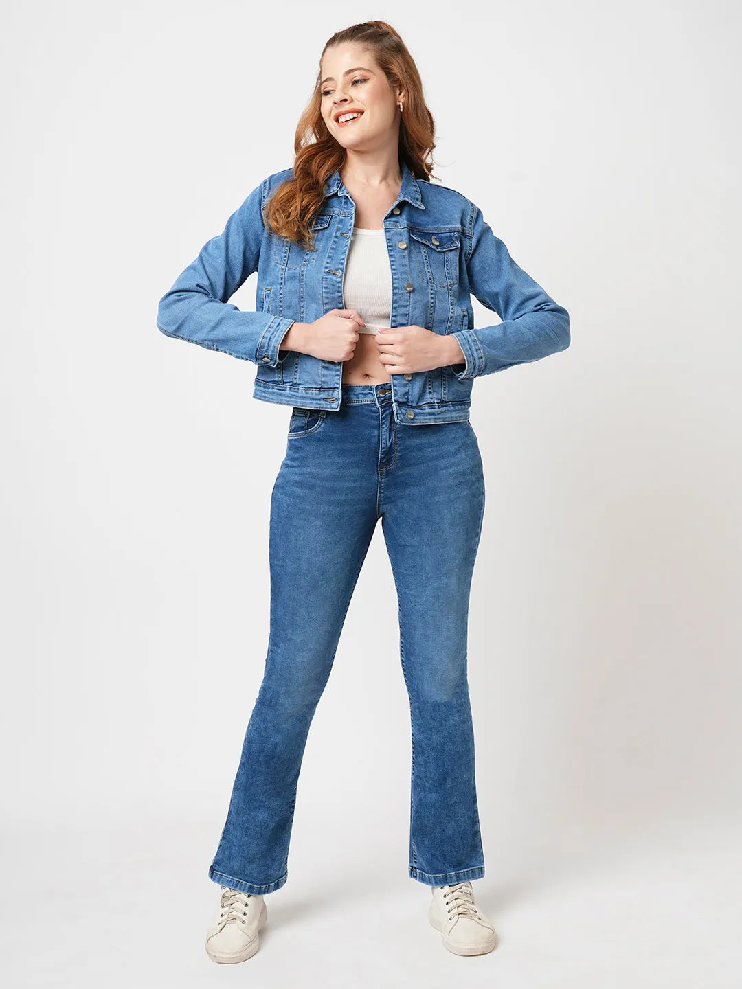 Women Blue High-Rise Mini Flare Jeans