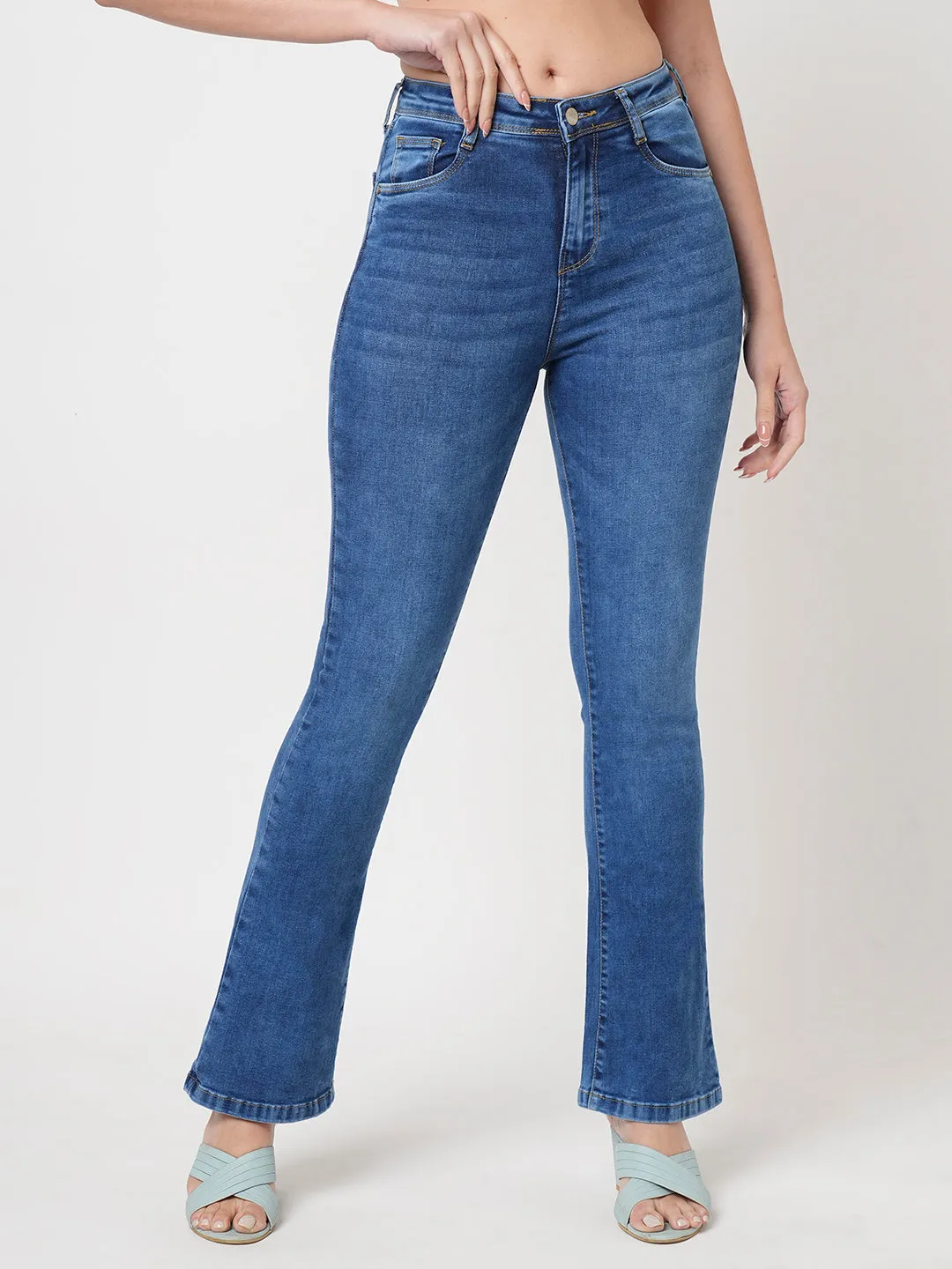 Women Blue High-Rise Mini Flare Jeans