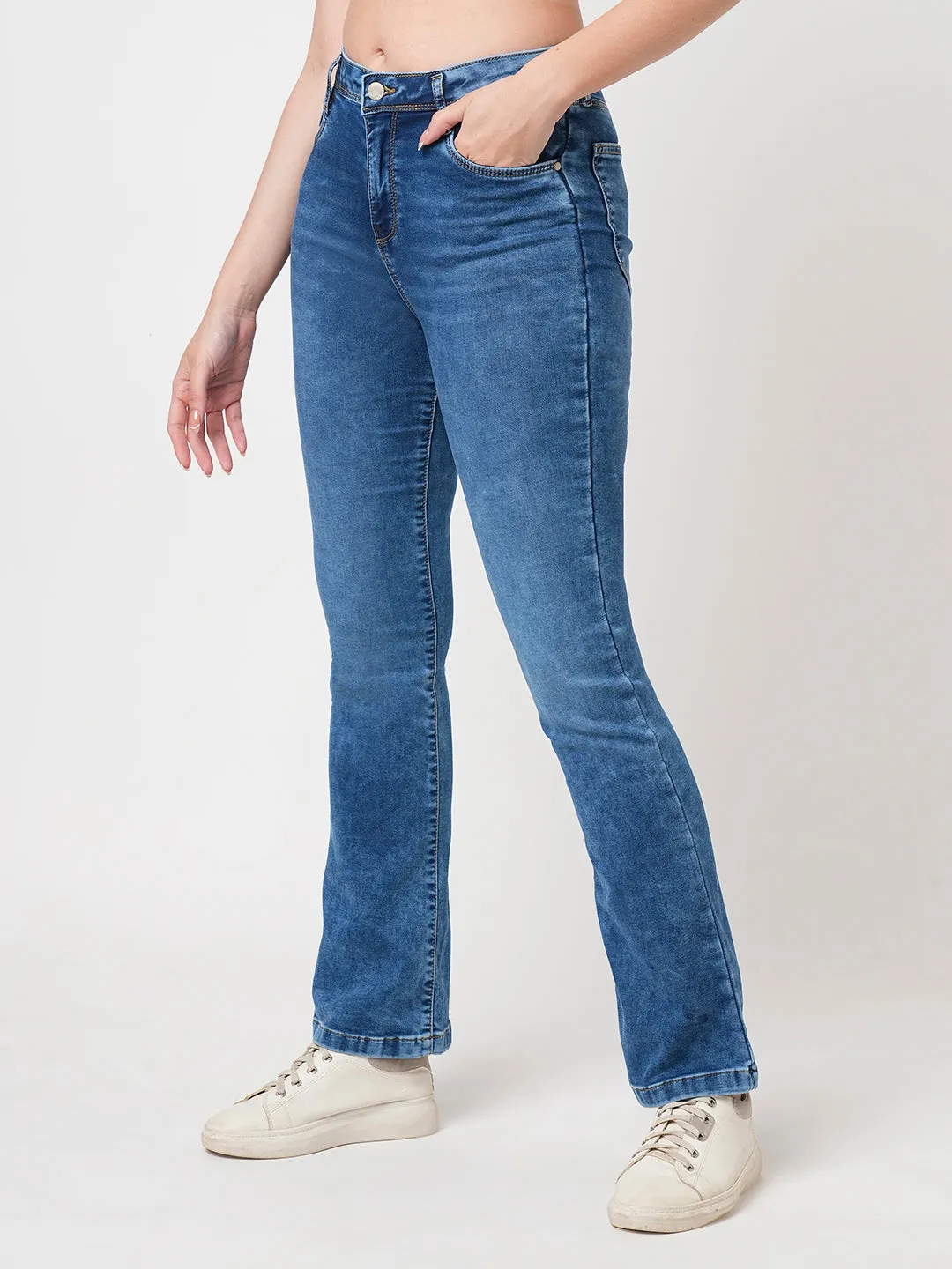 Women Blue High-Rise Mini Flare Jeans