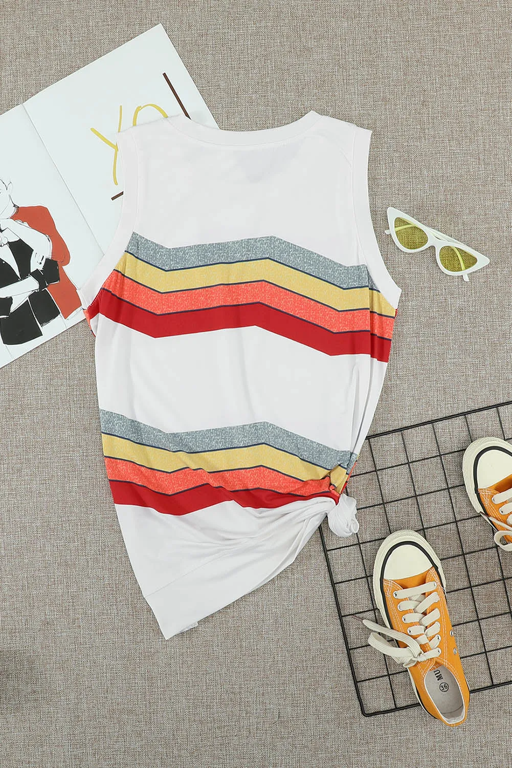 Women Crew Neck Tank Tops Summer Colorblock Sleeveless Stripes Shirts