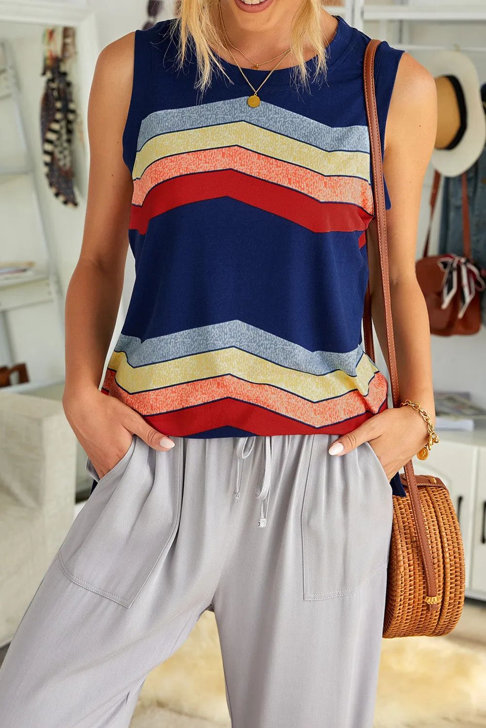 Women Crew Neck Tank Tops Summer Colorblock Sleeveless Stripes Shirts