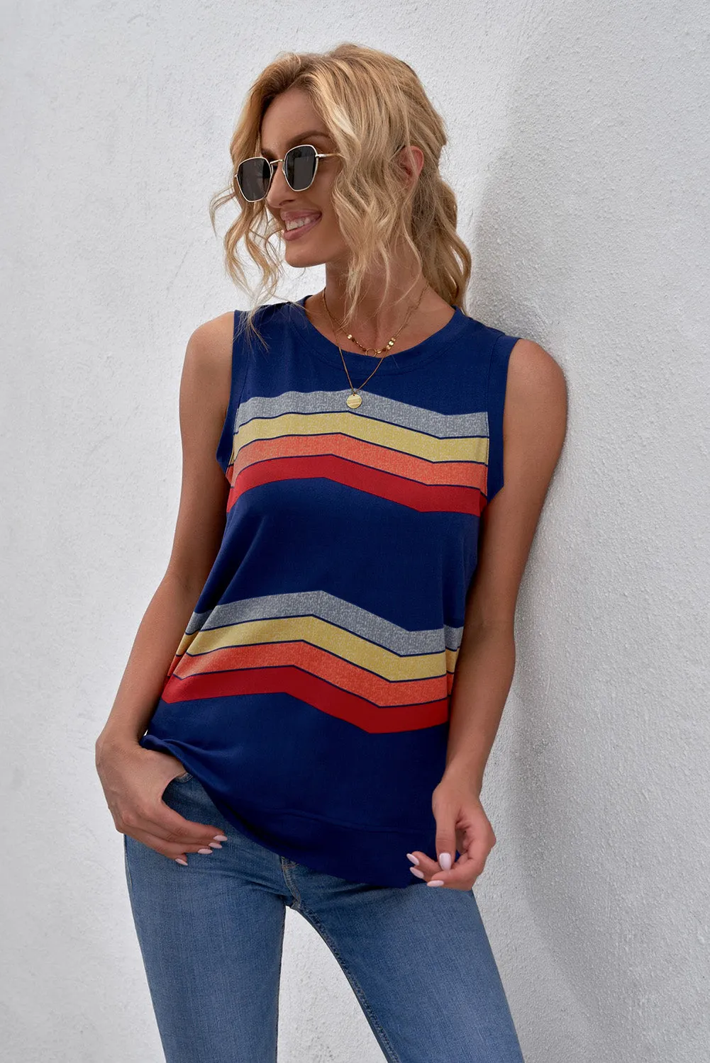 Women Crew Neck Tank Tops Summer Colorblock Sleeveless Stripes Shirts