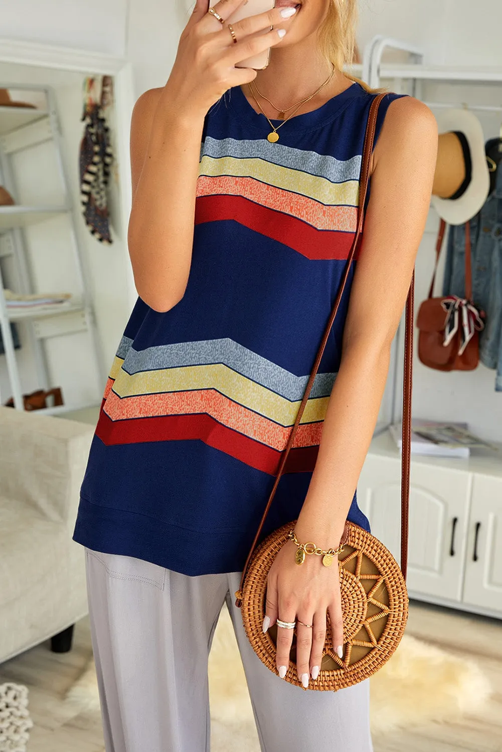 Women Crew Neck Tank Tops Summer Colorblock Sleeveless Stripes Shirts