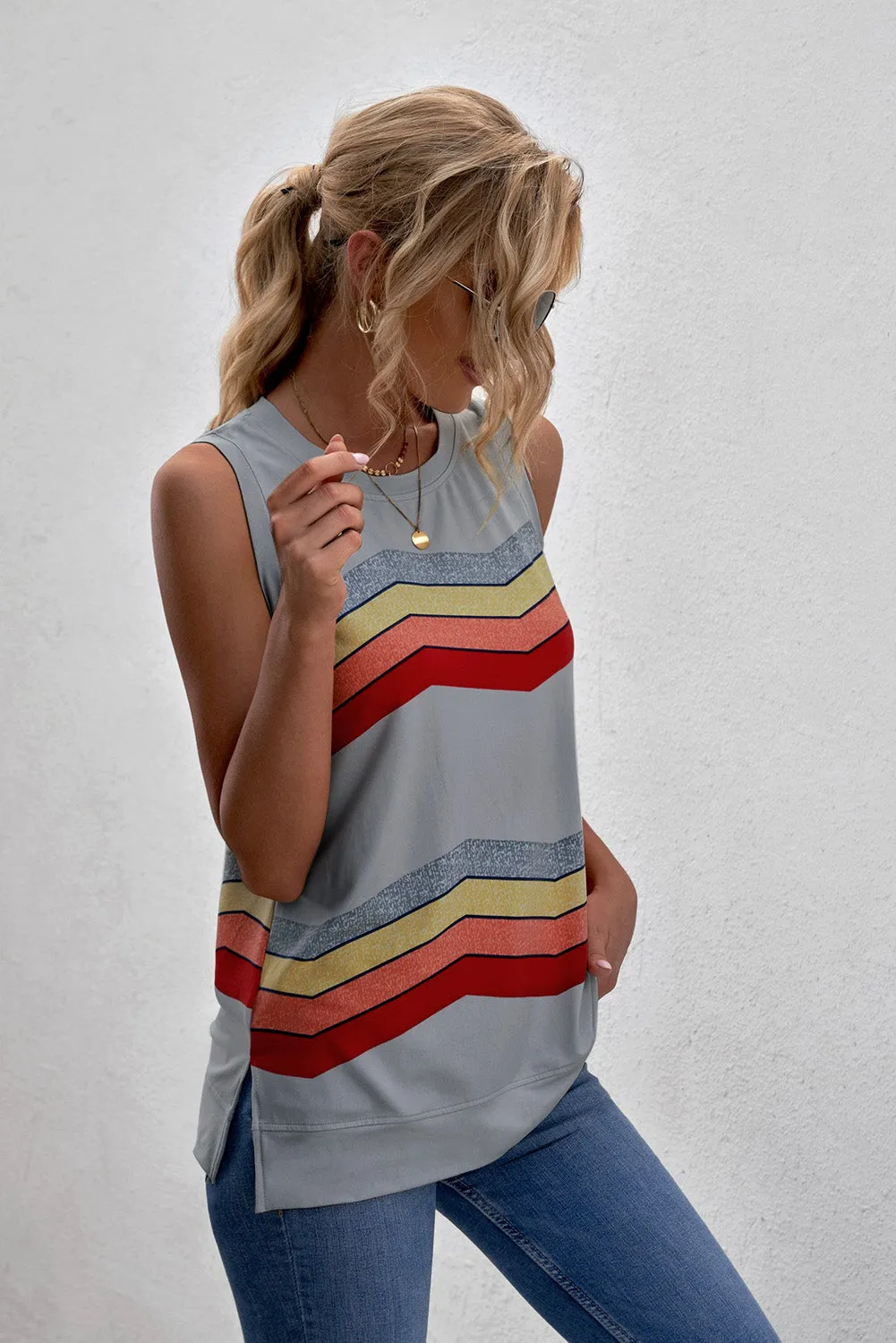 Women Crew Neck Tank Tops Summer Colorblock Sleeveless Stripes Shirts