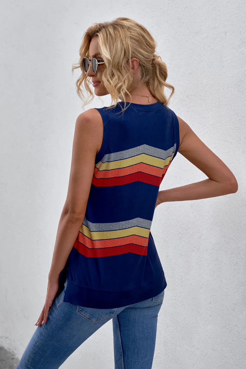 Women Crew Neck Tank Tops Summer Colorblock Sleeveless Stripes Shirts