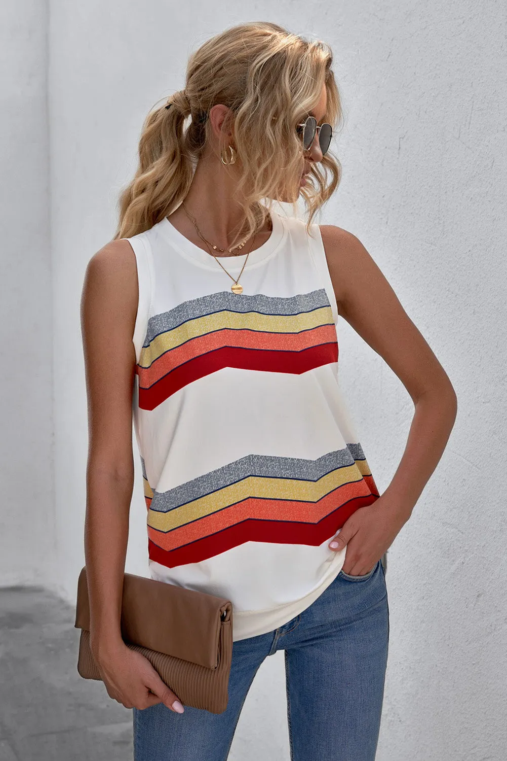 Women Crew Neck Tank Tops Summer Colorblock Sleeveless Stripes Shirts