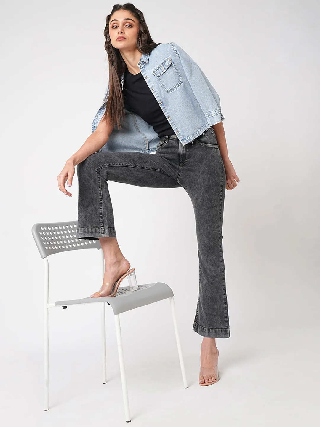 Women Grey High-Rise Flare Jeans