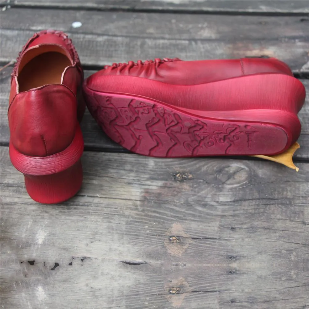 Women Handmade Leather Loafers,Retro Slip Ons  Red Platforms