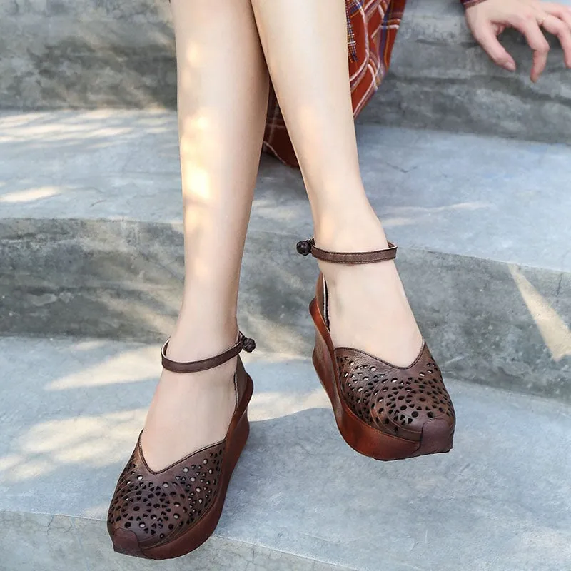 Womens Handmade Retro Leather Cut out Platforms Sandals in Brown/Coffee