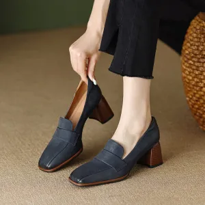 Women's Handmade Retro Square-Toe Block-Heel Loafers in Blue/Apricot