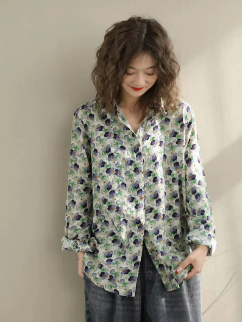 Women's Summer Retro Artistic Printed Lapel Tops