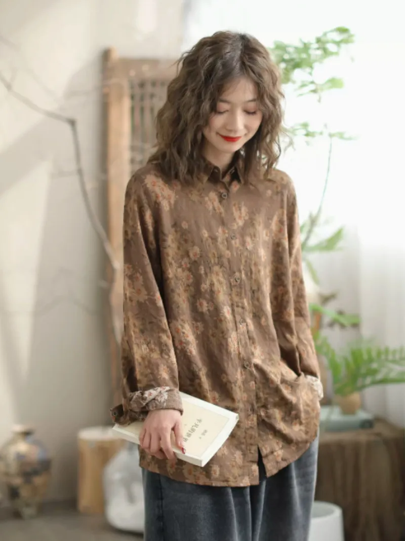 Women's Summer Retro Artistic Printed Lapel Tops