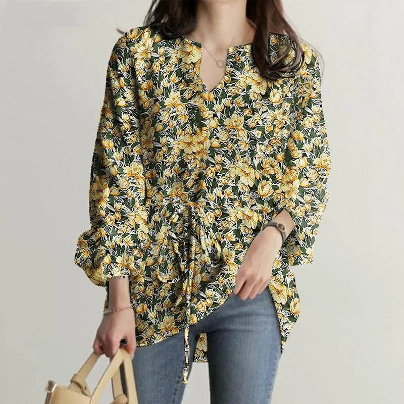 Womens V-Neck Floral Print Long Sleeve Boho Tops with Drawstring