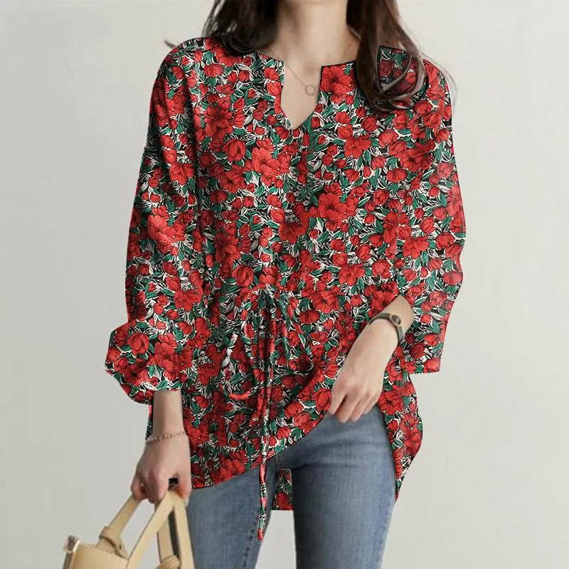 Womens V-Neck Floral Print Long Sleeve Boho Tops with Drawstring