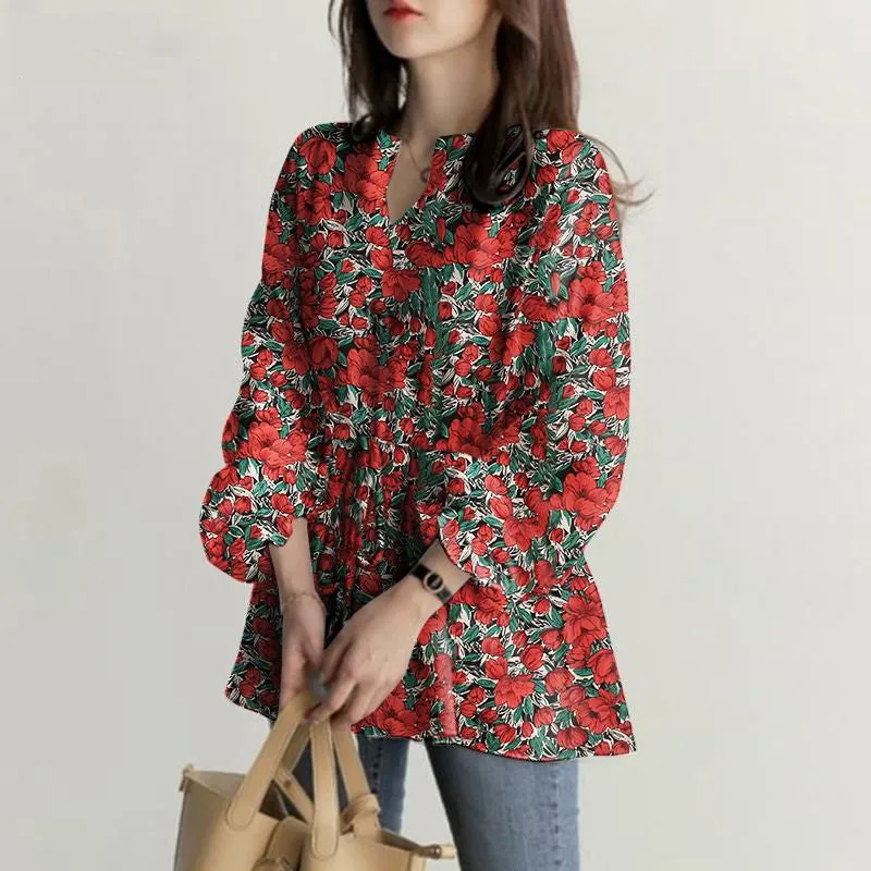 Womens V-Neck Floral Print Long Sleeve Boho Tops with Drawstring